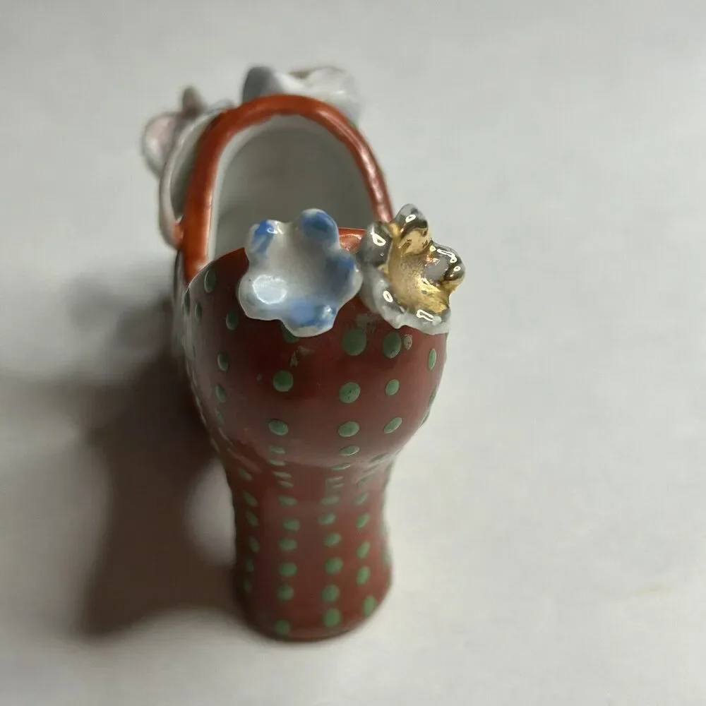 Vintage Porcelain Shoe made in Japan‎ Red with Green Polka dots miniature 3
